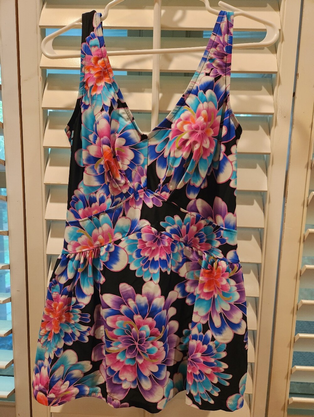 Floral V-Neck Swim Suit One-Piece, Black with Multicolor Bloom Print, Size 10